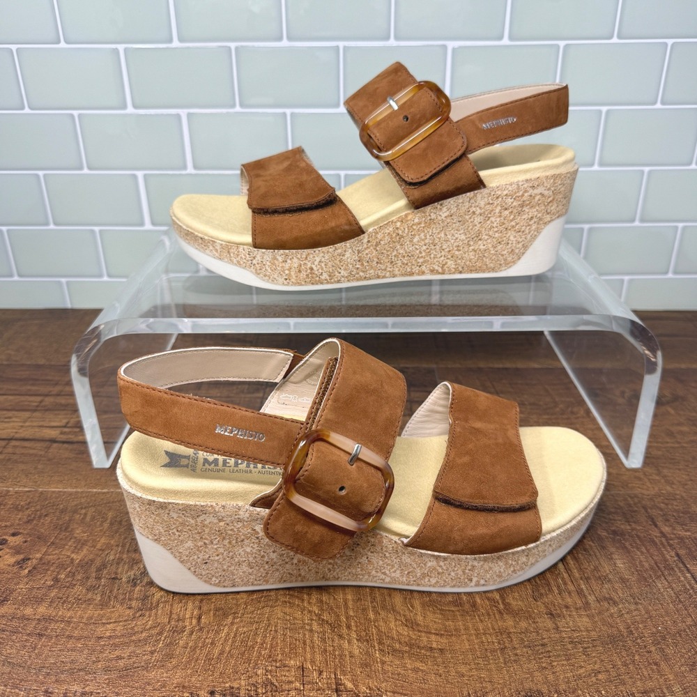 Mephisto Giulia Hazelnut Suede Cork Wedge Sandals | Size 39 / US 9